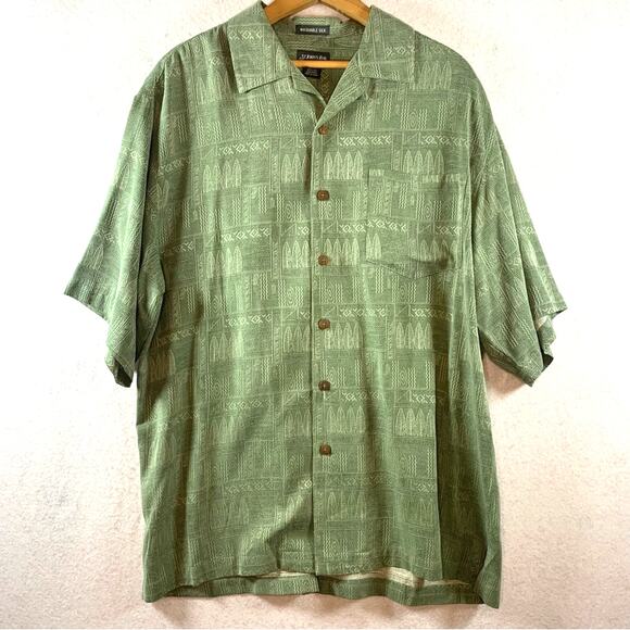 Mens Washable Silk Button Shirt Sz‎ M Sage Green Ethnic Tribal Resort Tiki Party - Picture 1 of 10